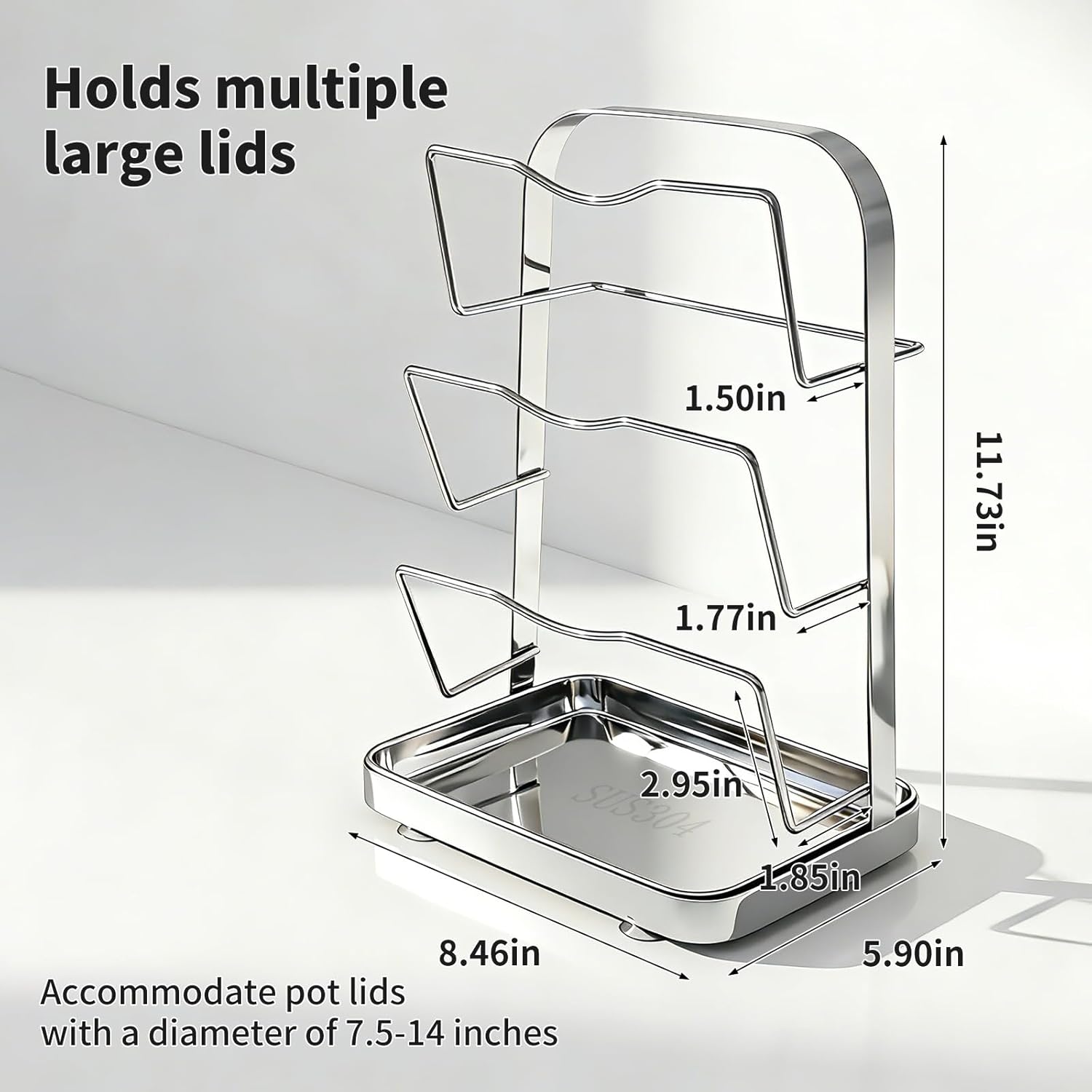 Pot Lid Holder While Cooking, 3 Tier Stainless Steel Pot Lid Organizer with Drip Tray, Kitchen Storage Rack for Stove Top & Countertop, Heavy Duty Lid Holder for Pots and Pans, Silver