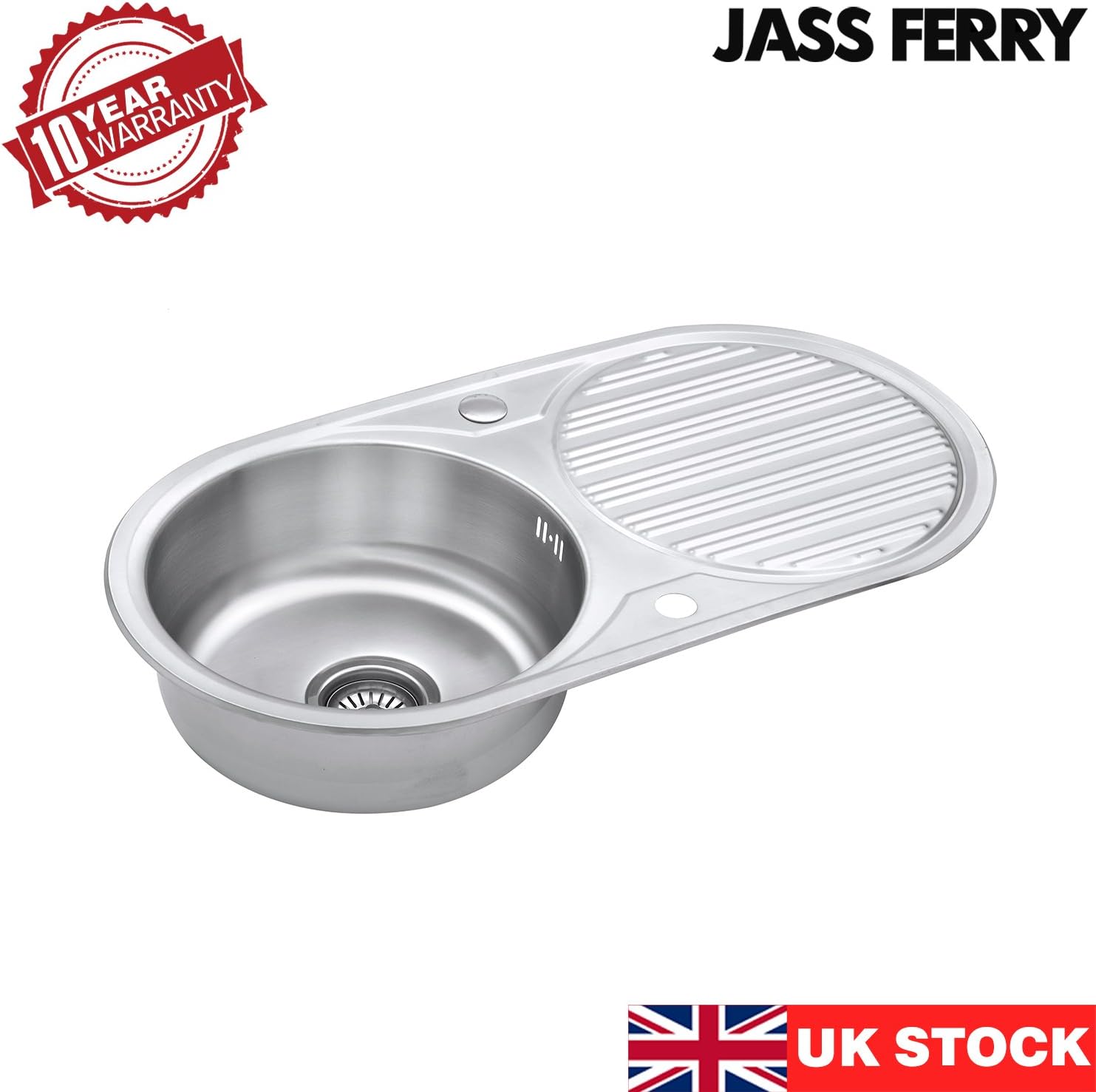 JASSFERRY Stainless Steel Round 1.0 Single Bowl Topmount Installation Kitchen Sink Caravan Inset with Reversible Drainboard 10 Years Warranty - Image 5