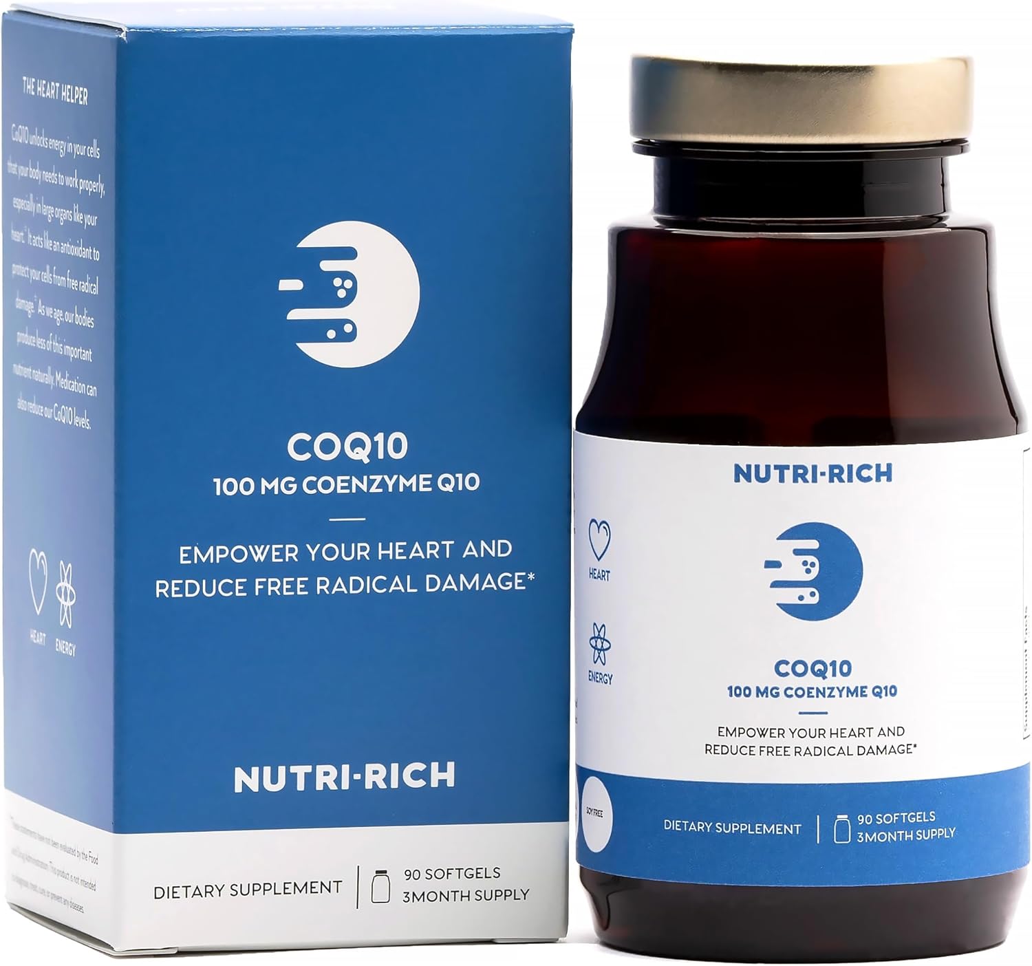 Nutri-Rich CoQ10 Softgels, Coenzyme Q10 Ubiquinone for Heart & Energy, Statin Usage & Cellular Health, Third Party Tested, GMP Quality, No Artificial Additives, No Soy, Gluten Free, 90 Count