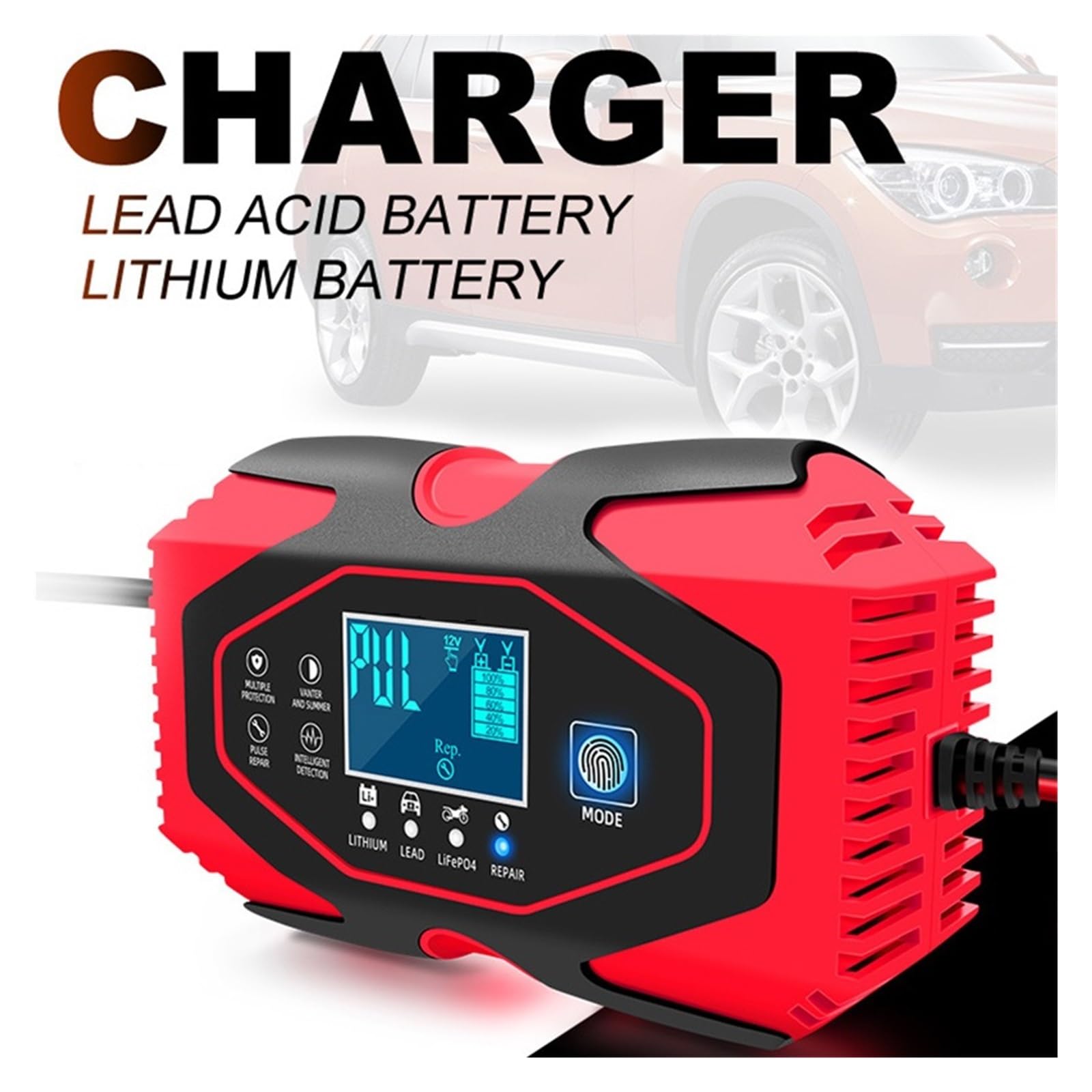 12V 24V 6A Coche Inteligente Motocicleta Auto Batería De Litio De Ácido De Plomo Cargador De Batería De Carga Rápida Inteligente Pantalla LCD Digital Carga RáPida Y Eficaz(Red)