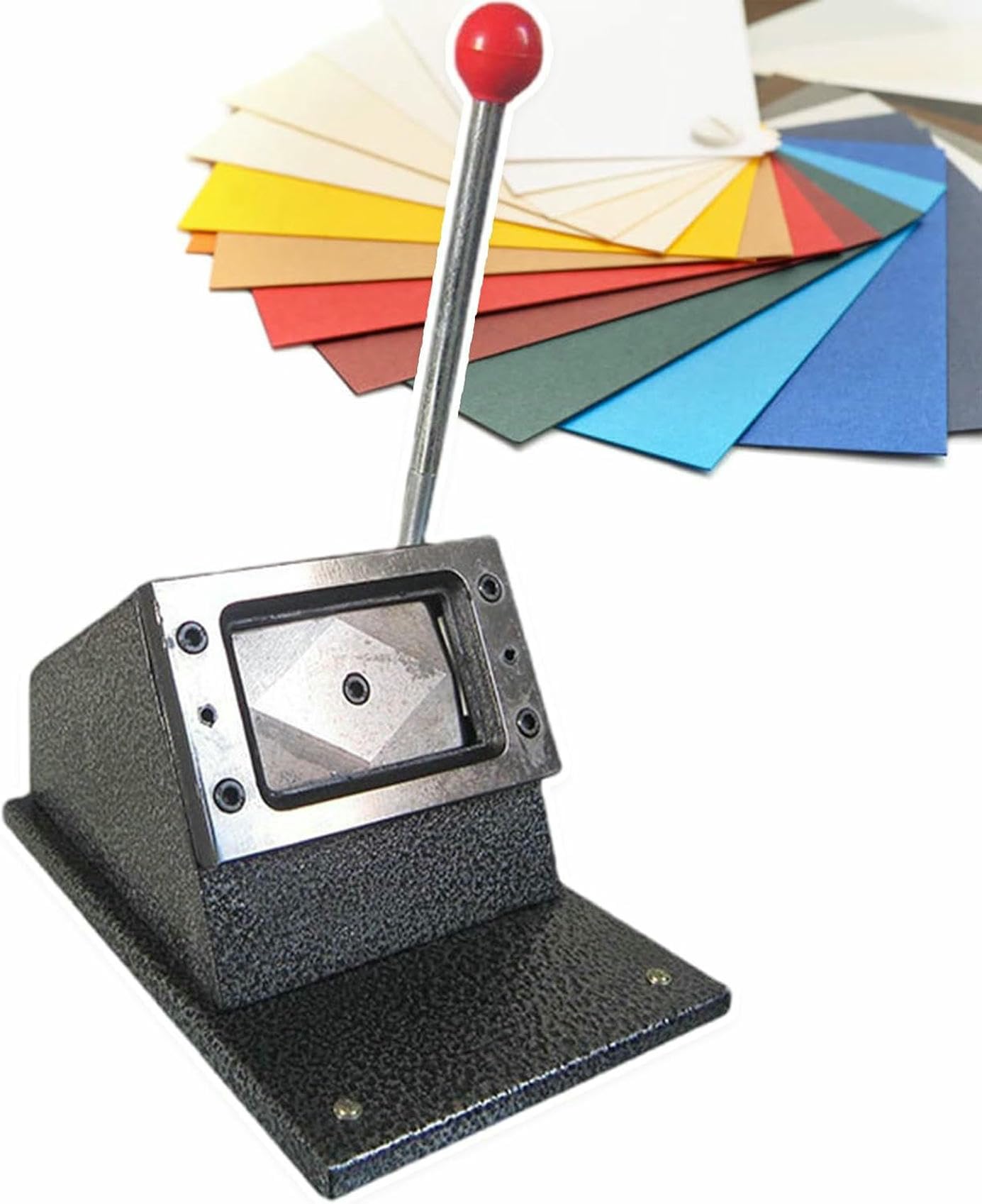 Taglierina manuale per carte con manico estensibile, capacità di taglio 0,08 cm, fustella 8,6x5,4 cm, lama interamente in acciaio per PVC, PET e carta.