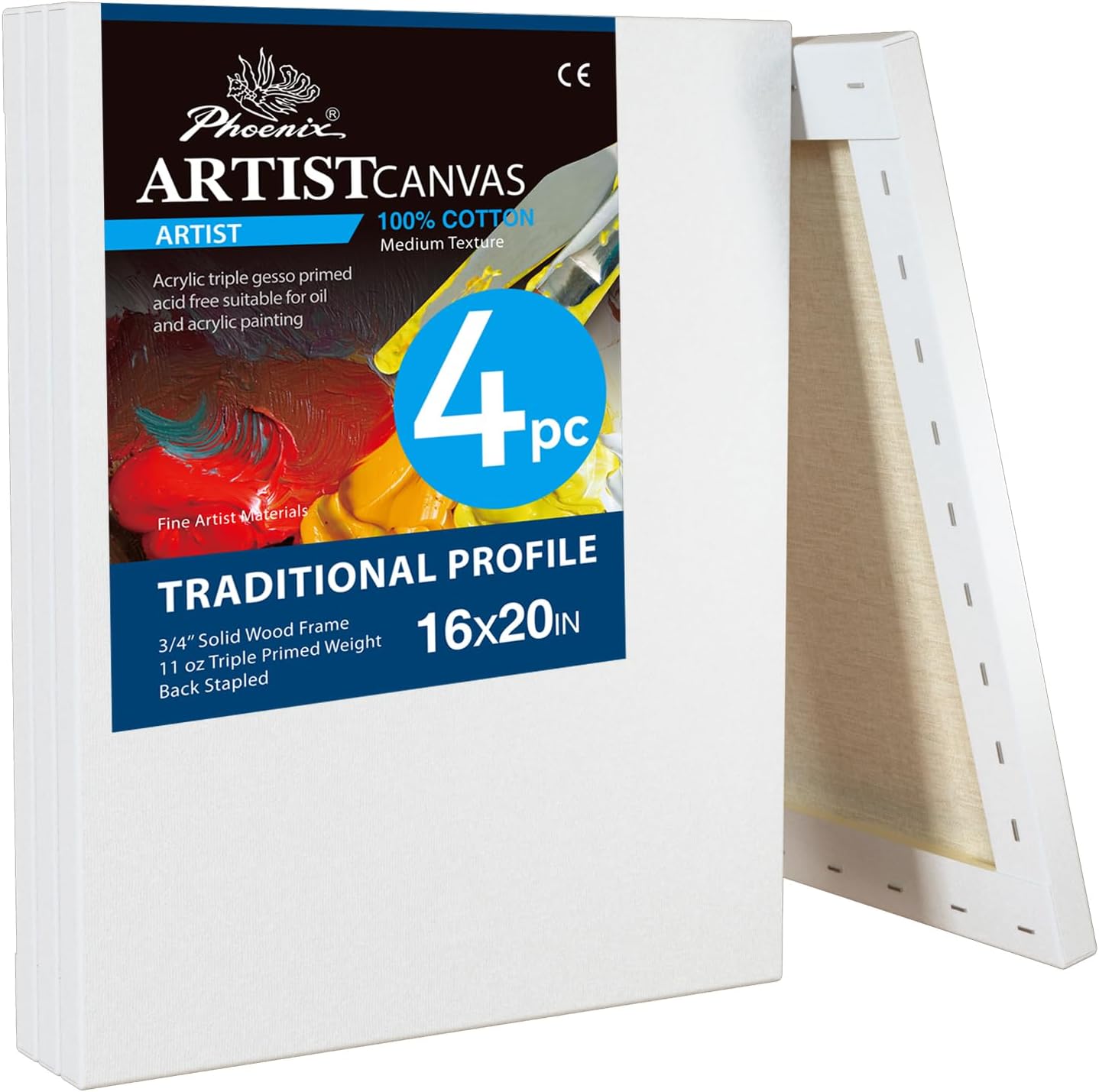PHOENIX 16x20 Inch 4 Pack Artist Canvas - Large Stretched Canvases for Painting - 3/4 Inch Profile, 100% Cotton 11 Oz. Gesso Primed White Blank Professional Canvas Oil & Acrylic Paints