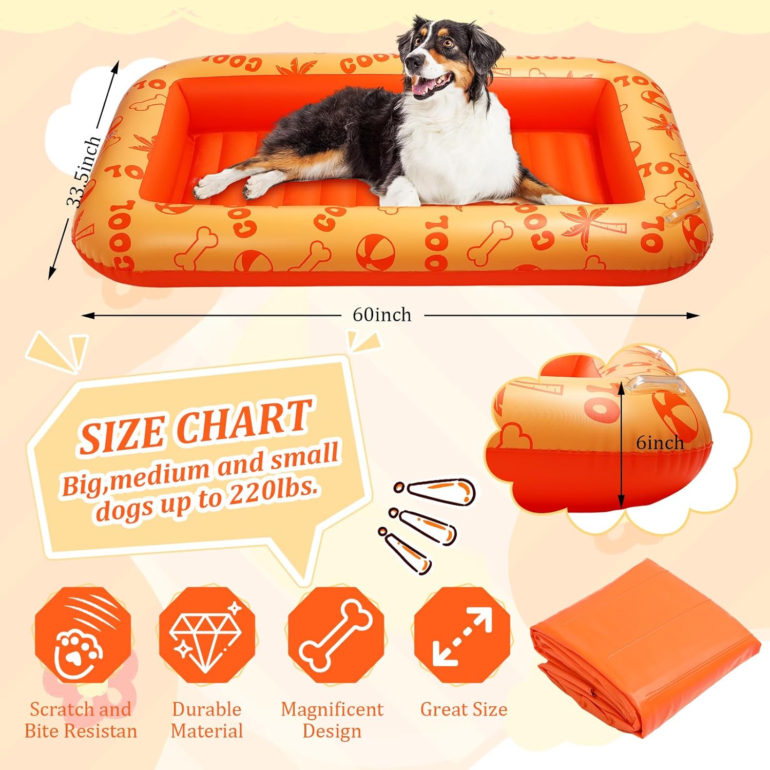 JellyArch Dog Float for Summer Pool 60" x 33. 5" Inflatable Dog Pool Float with Rope and Handle Durable and Foldable Pet Raft Lake Floating Raft for Small Medium Large Dogs, Hold up to 220 Lbs