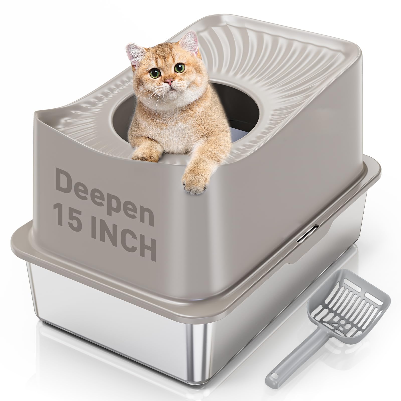 Stainless Steel Cat Litter Box, XL Top Entry Litter Box for Big Cats, Enclosed Large Litter Box with High Wall, Metal Cat Litter Box Never Absorbs Odors, Easily Cleaning, Include Scoop