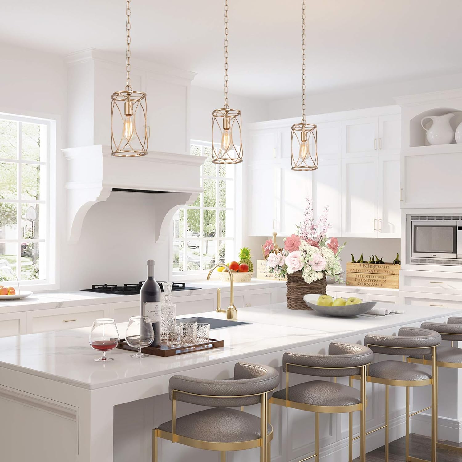 Optimant Lighting Gold Pendant Lighting for Kitchen Island, Modern Cage Hanging Light Fixture for Hallway, Dining Room, Foyer and Bedroom - - 