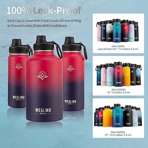 Miniatura 3 de LANGE HOME Botella de agua de acero inoxidable  Botella de agua deportiva aislada con popote y diseño degradado rojo morado, botella de agua fría