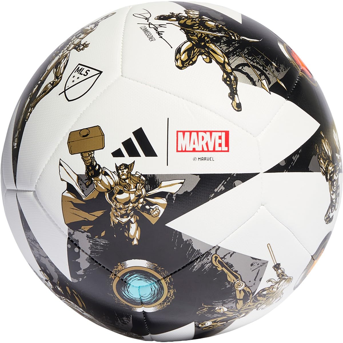 Photo 1 of adidas MLS 2023 Marvel Ball Collection - Marvel's Avengers-Inspired Graphics, MLS Printed Logos, Size 1-5, Mini Ball, Pro Ball, Training Ball 5 Black/White/Iron Metallic/Gold Metallic (TRAINING)