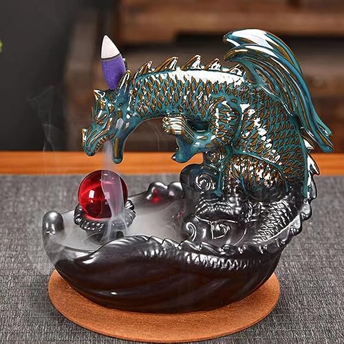 Miniatura 4 de Zvaiuk Quemador de incienso de cerámica con reflujo de dragón, quemador de incienso de cascada de dragón con 50 conos de incienso de humo, alfombra,