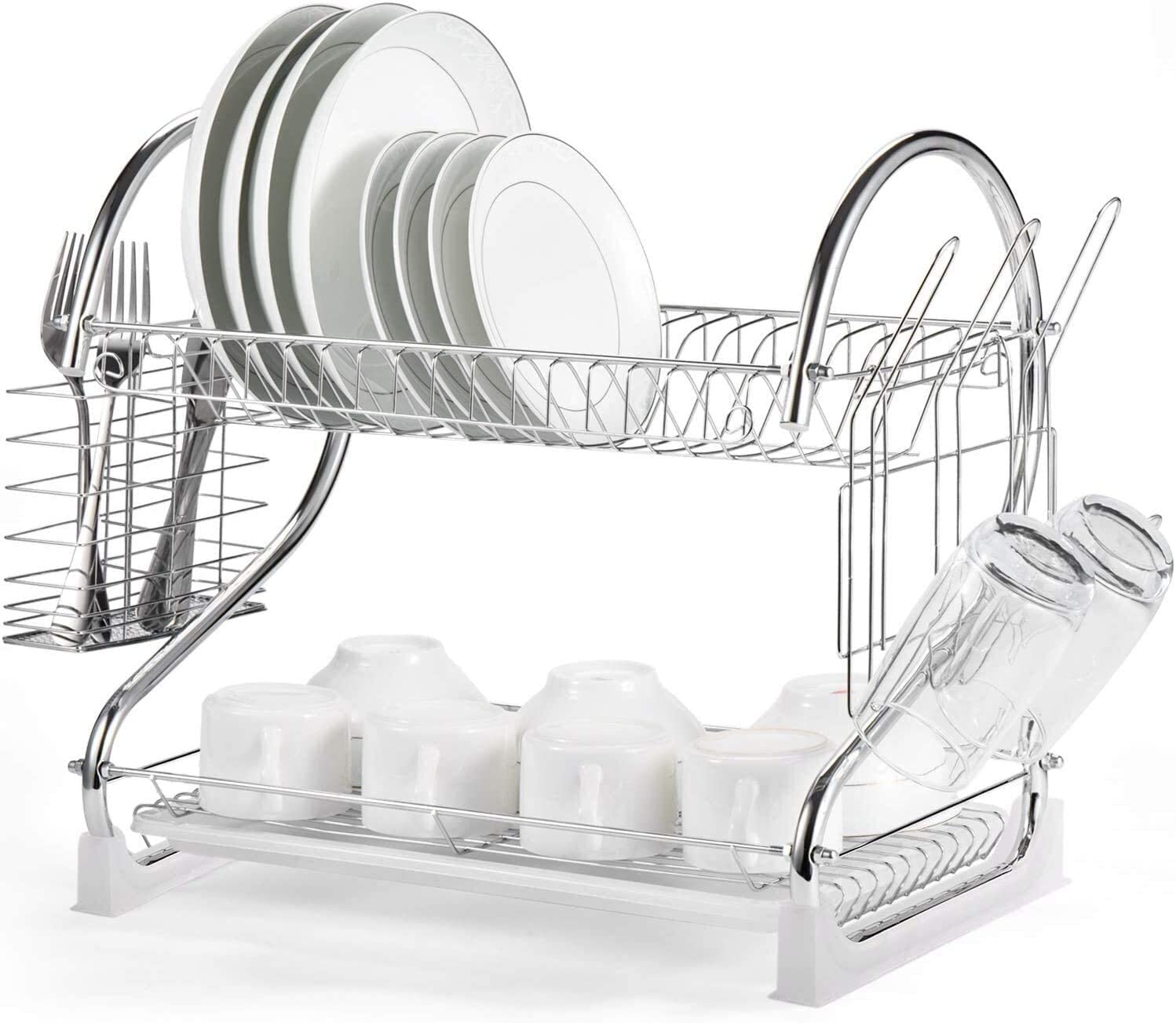 Dish Rack Beauenty 2 Tier Dish Drying Rack 2020 Upgrades Double Rust-Proof Treatment Dish Rack with More Stable Footpad Utensil Holder Cup Holder and Dish Drainer for Kitchen Counter Top Silver 16.5 x
