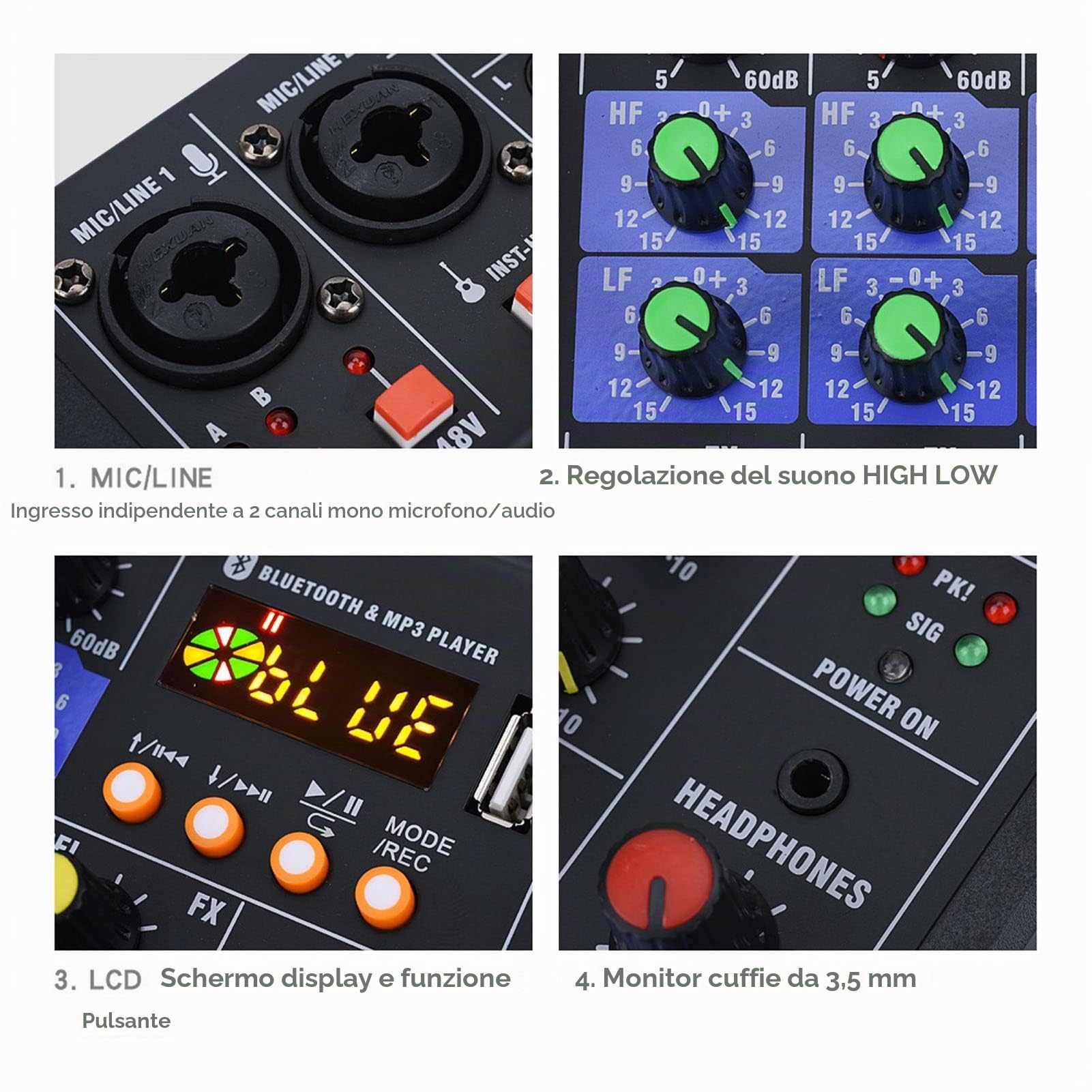 Mixer audio amplificato, mixer audio a 4 canali e console audio MP3 Bluetooth 48 V alimentazione USB DJ Mixing, mixer compatto da studio piccolo mixer stereo con 2 microfoni wireless
