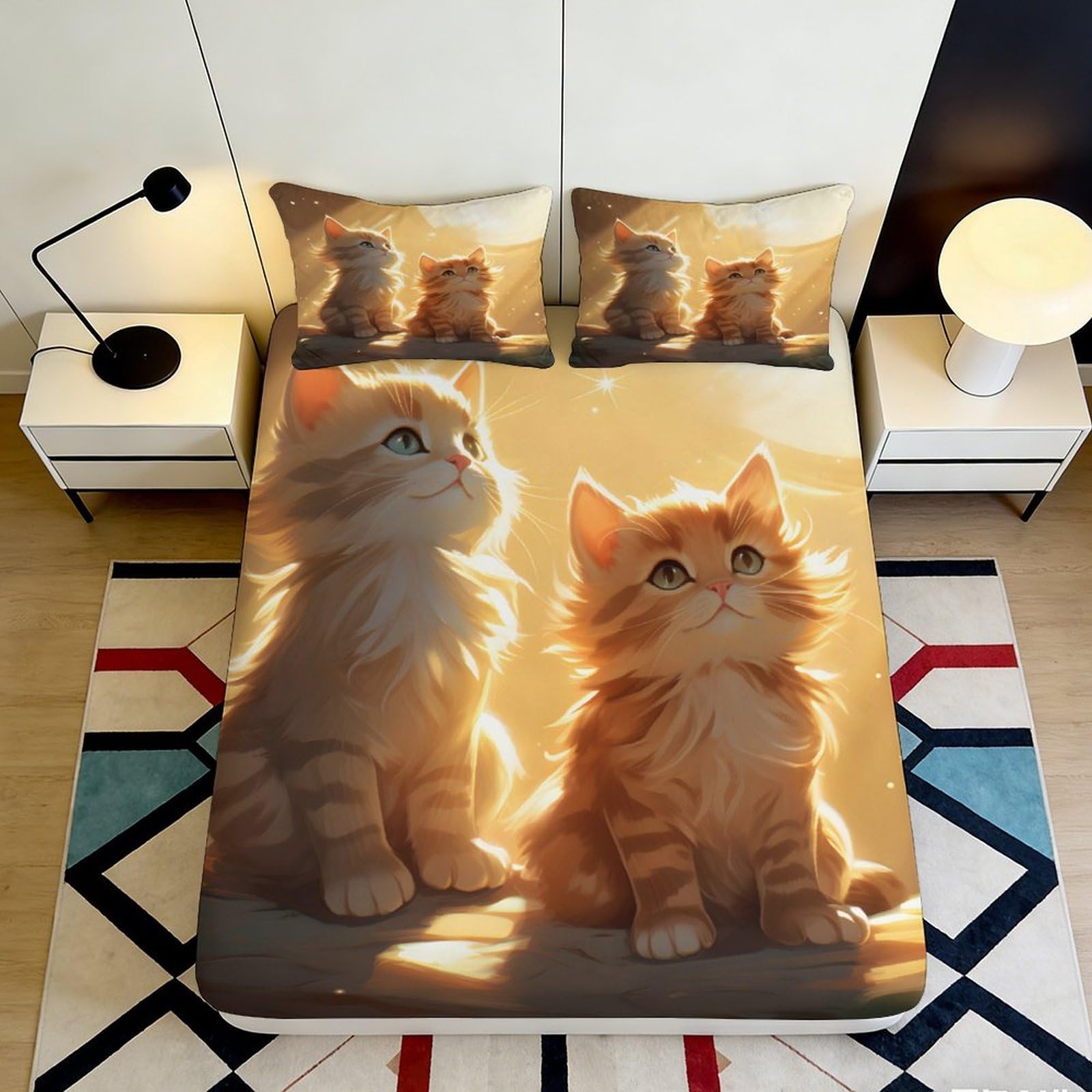 3D Printed Cute Kitten Fitted Sheet Microfiber Soft Anti-Slip Orange Cat Mattress Cover for Bedroom Guest Room Decor 180x200x25cm