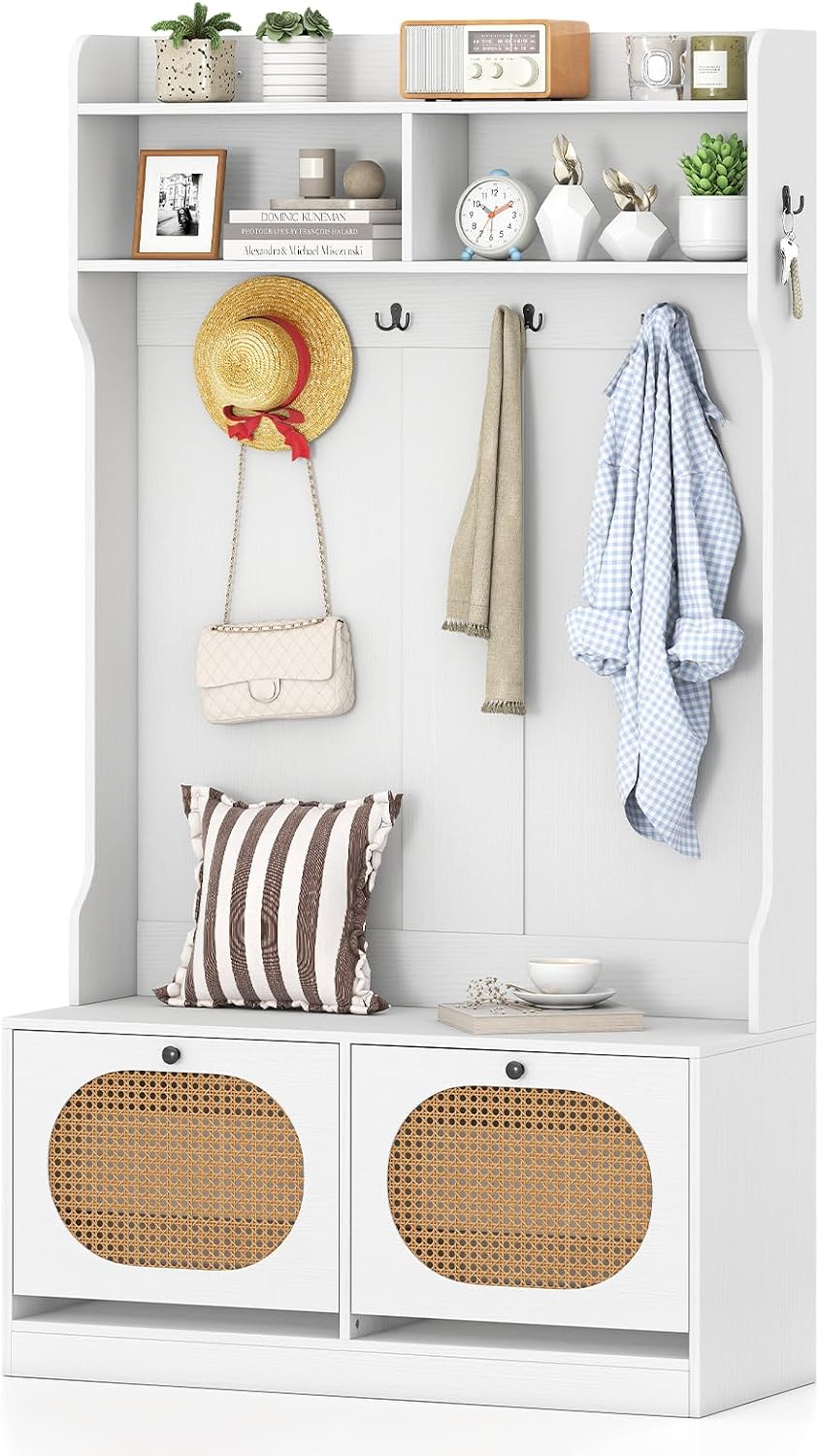 Giantex 4-In-1 Hall Tree with Bench and Shoe Storage, Entryway Bench with Coat Rack & Flip Shoe Racks, Dual-Hook Hangers & PE Rattan Doors, Farmhouse Mudroom Storage Organizer for Living Room, White