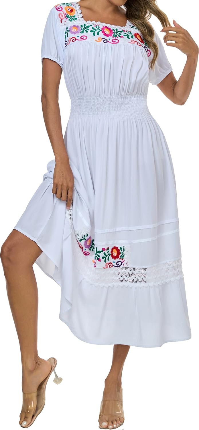 Women's Summer Maxi Dress Casual Floral Embroidered Round Neck Short Sleeve Ruffle Tiered Dress Flowy Boho Beach Sundress