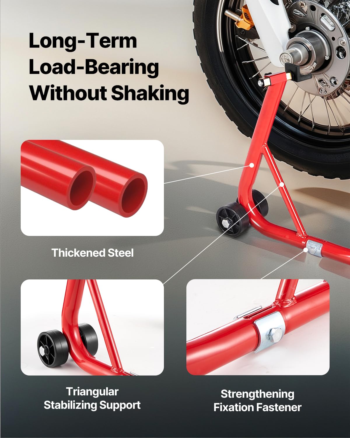 VEVOR Béquille Roue Arrière Capacité de Charge 385,6 kg, Lève Moto avec Fourche U et L, Bras Oscillant, Béquille d’Atelier Réglable pour Suzuki, Yamaha, Honda, Kawasaki, pour Entretien Montage, Rouge