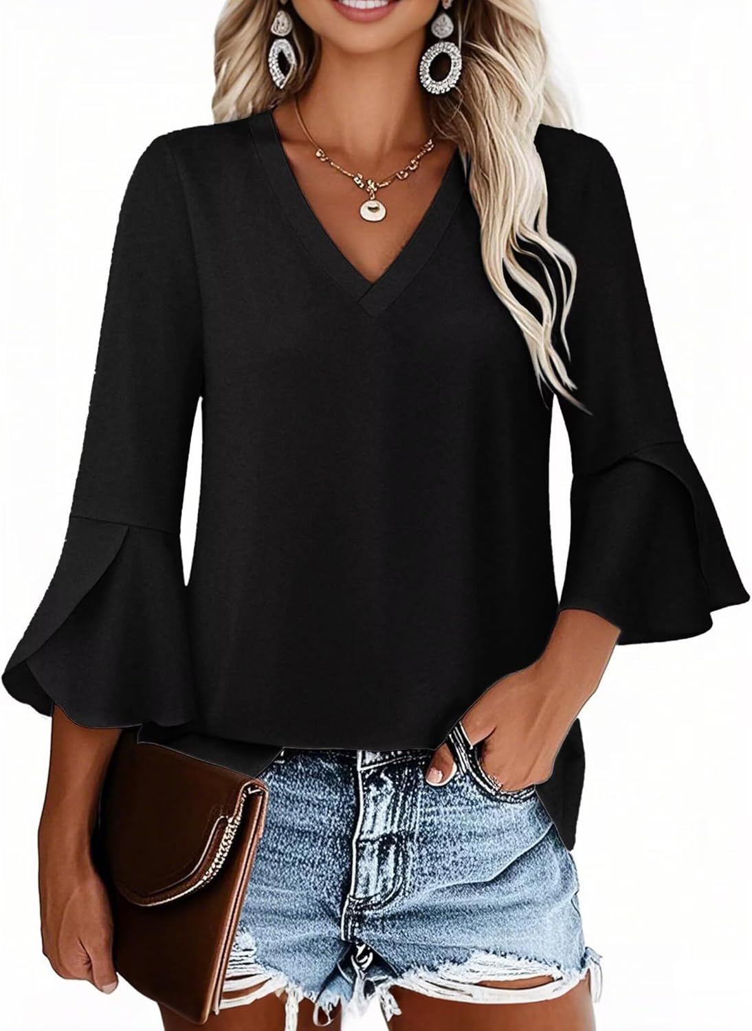 VICHYIE 3/4 Sleeve Tops for Women Summer V Neck Ruffle Sleeve Shirt Loose Dressy Casual Blouses Fashion