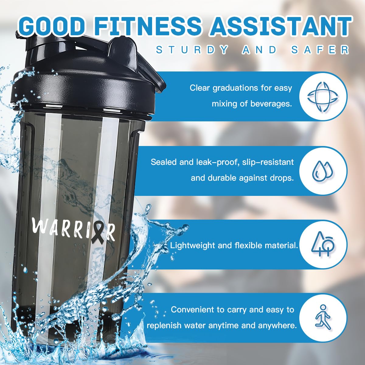 Warrior Melanoma & skin Cancer Awareness 18 Ounce Shaker Bottle Drink Mixer Leak-proof Pre Workout Protein Shakes Meal Replacement Shakes Bottles 500ML/18 Oz Black