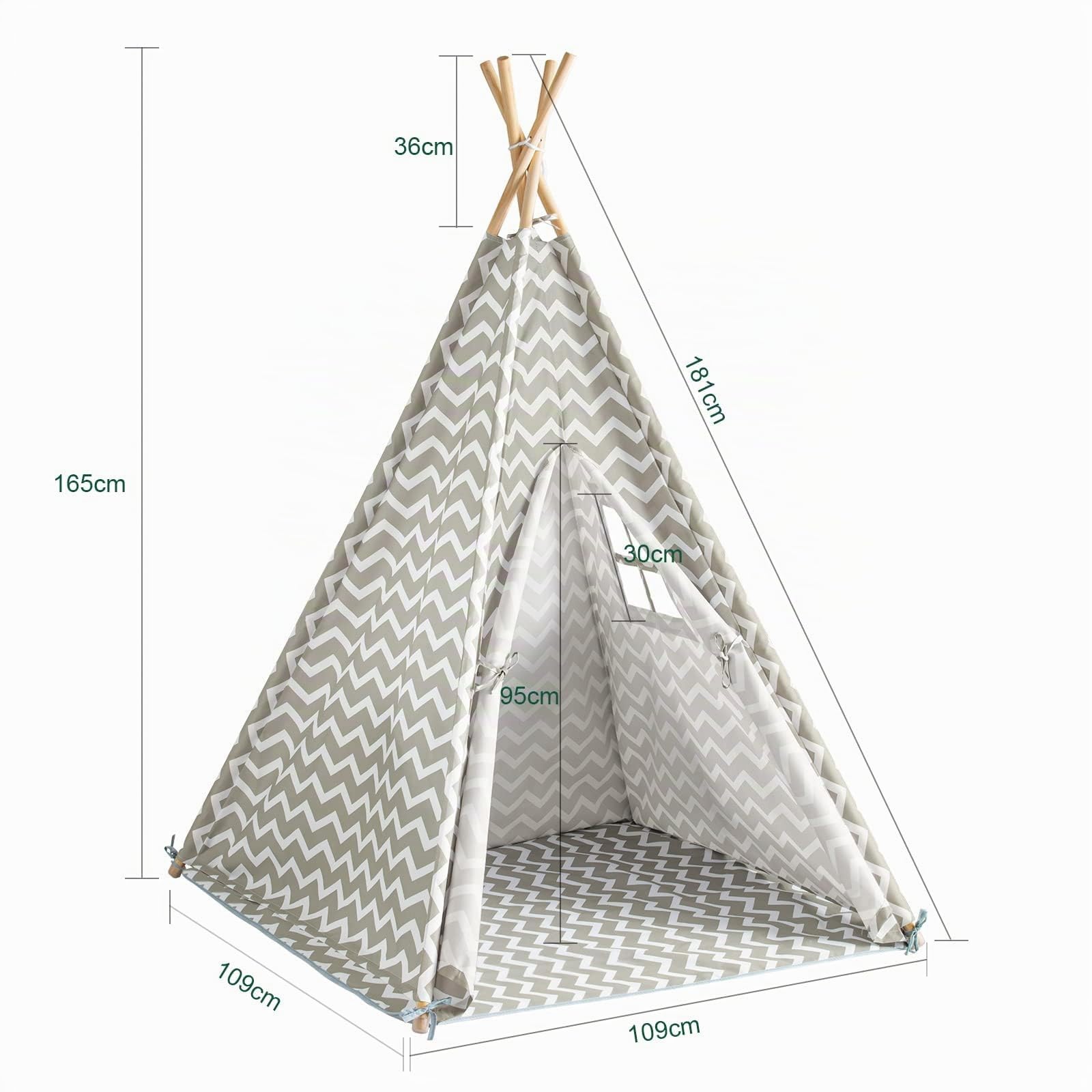 SoBuy Tenda Tipi Bambini 109x109x165cm Cameretta | casetta gioco con tappetino, finestra e tenda apribile, struttura in pino OSS03