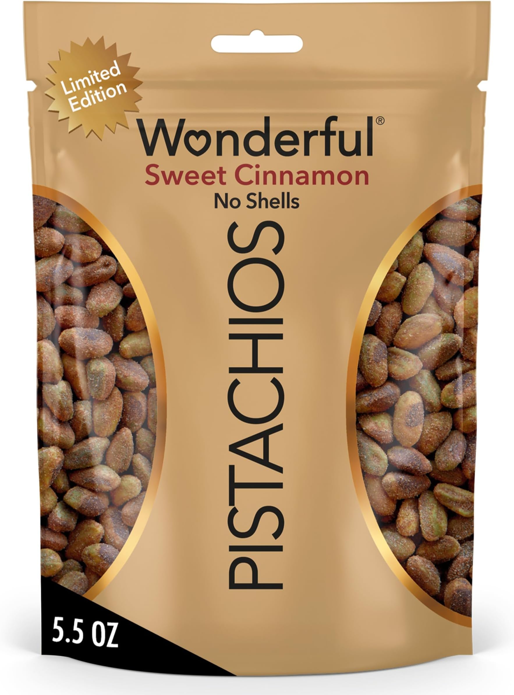 Wonderful Pistachios No Shells, Sweet Cinnamon Flavored Nuts, 5.5 Ounce Resealable Bag, Protein Snacks, Gluten Free, Healthy Vegan Snacks