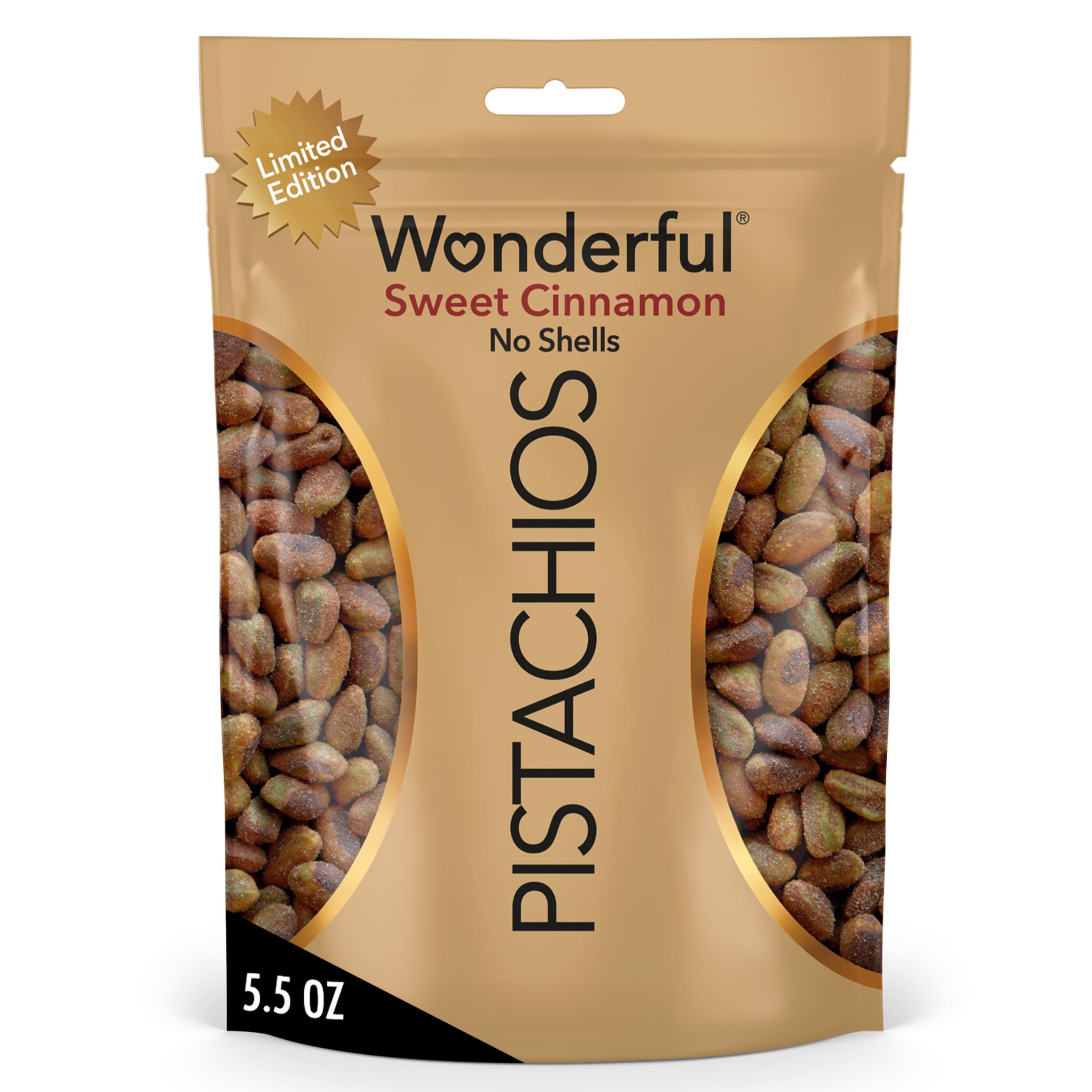 Wonderful Pistachios No Shells, Sweet Cinnamon Flavored Nuts, 5.5 Ounce Resealable Bag, Protein Snacks, Gluten Free, Healthy Snack