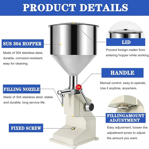 Manual Paste Liquid Filling Machine, 10-100 ML Stainless Steel Bottle Filling Machine, Commerical Adjustable Liquid & Paste Filling Machine with 10L Hopper