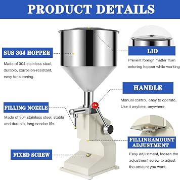 Manual Paste Liquid Filling Machine, 10-100 ML Stainless Steel Bottle Filling Machine, Commerical Adjustable Liquid & Paste Filling Machine with 10L Hopper