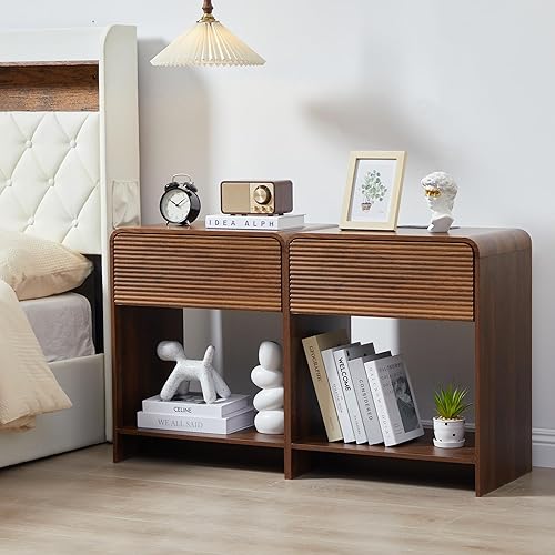 Miniatura 9 de Juego de 2 mesas auxiliares estriadas con estación de carga, mesa auxiliar moderna de mediados de siglo con almacenamiento de cajones, mesitas de 2