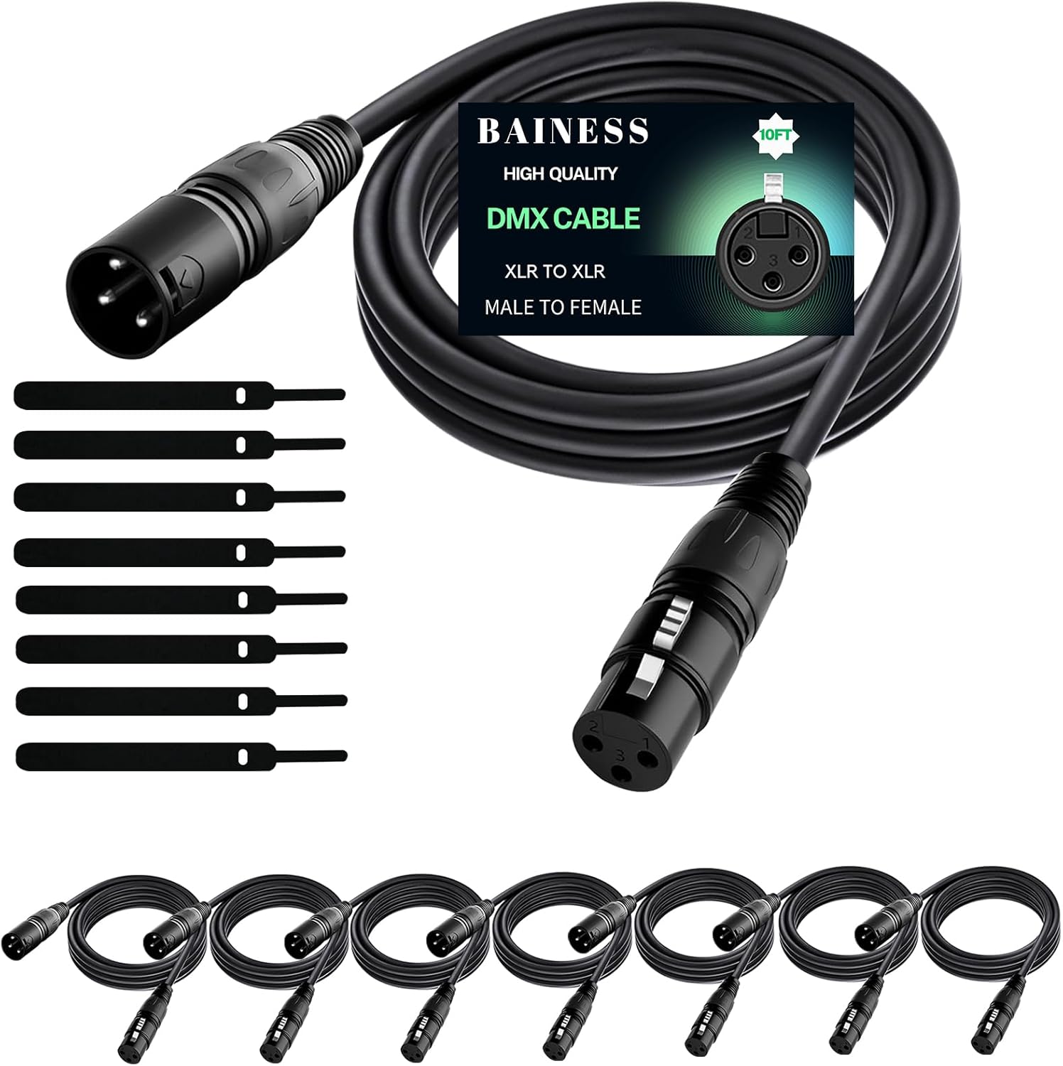 10ft Flexible DMX Cable 3 Pin Signal XLR Male to Female DMX Cables Wire for Stage Lighting, DJ Lights, Moving Head & Par LED Fixtures, Black, 8 Pack