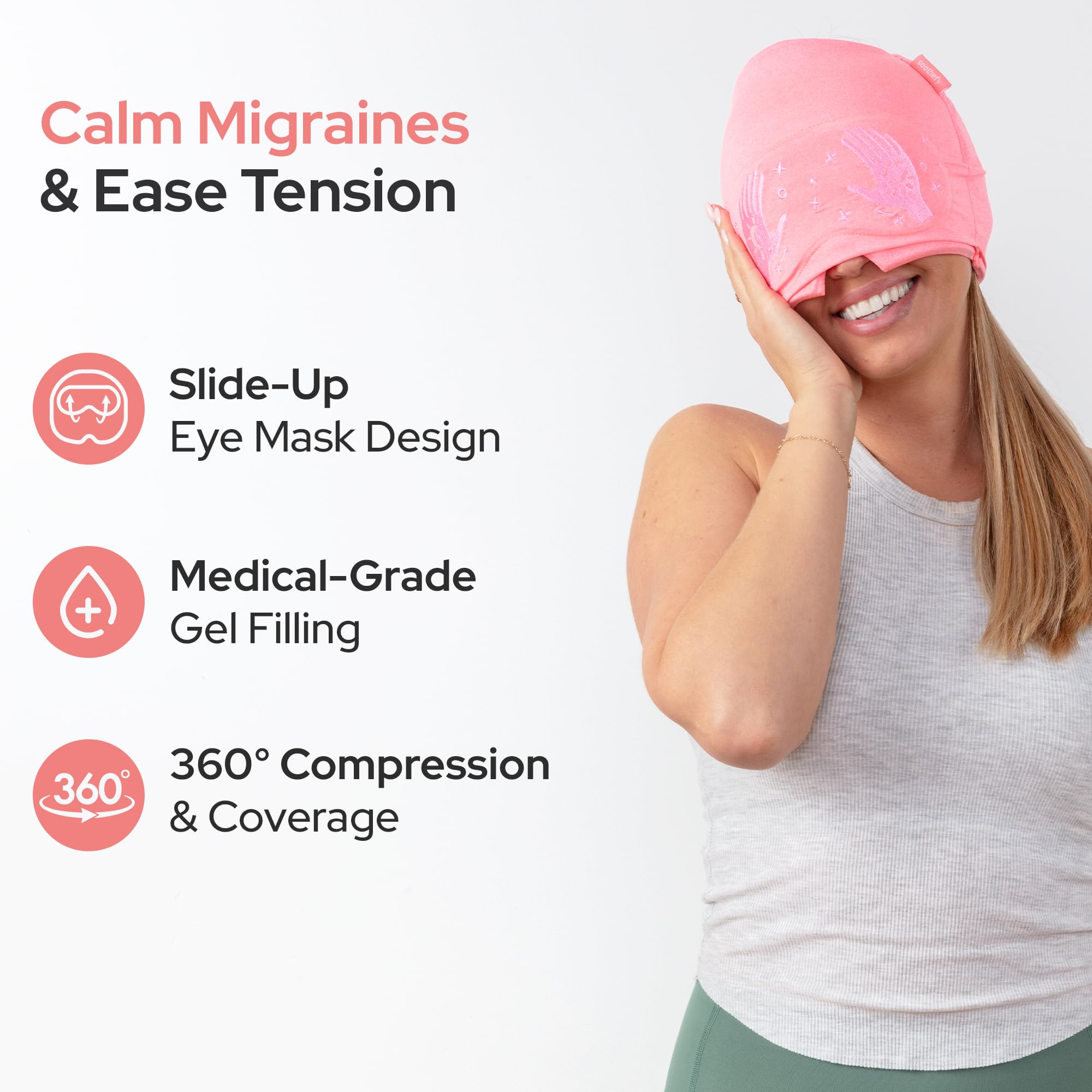 Gorro de alivio de migraña – Máscara de ojos deslizante integrada – Gorra de alivio natural de dolor de cabeza por tensión – Elegible por FSA HSA – Tapa de hielo de compresión de 360° para