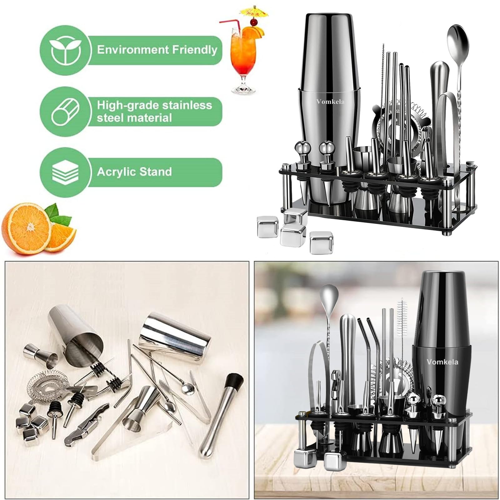 Cocktail Shaker Set Boston mit Ständer 25-teilig 750ml Edelstahl Bar Zubehör
