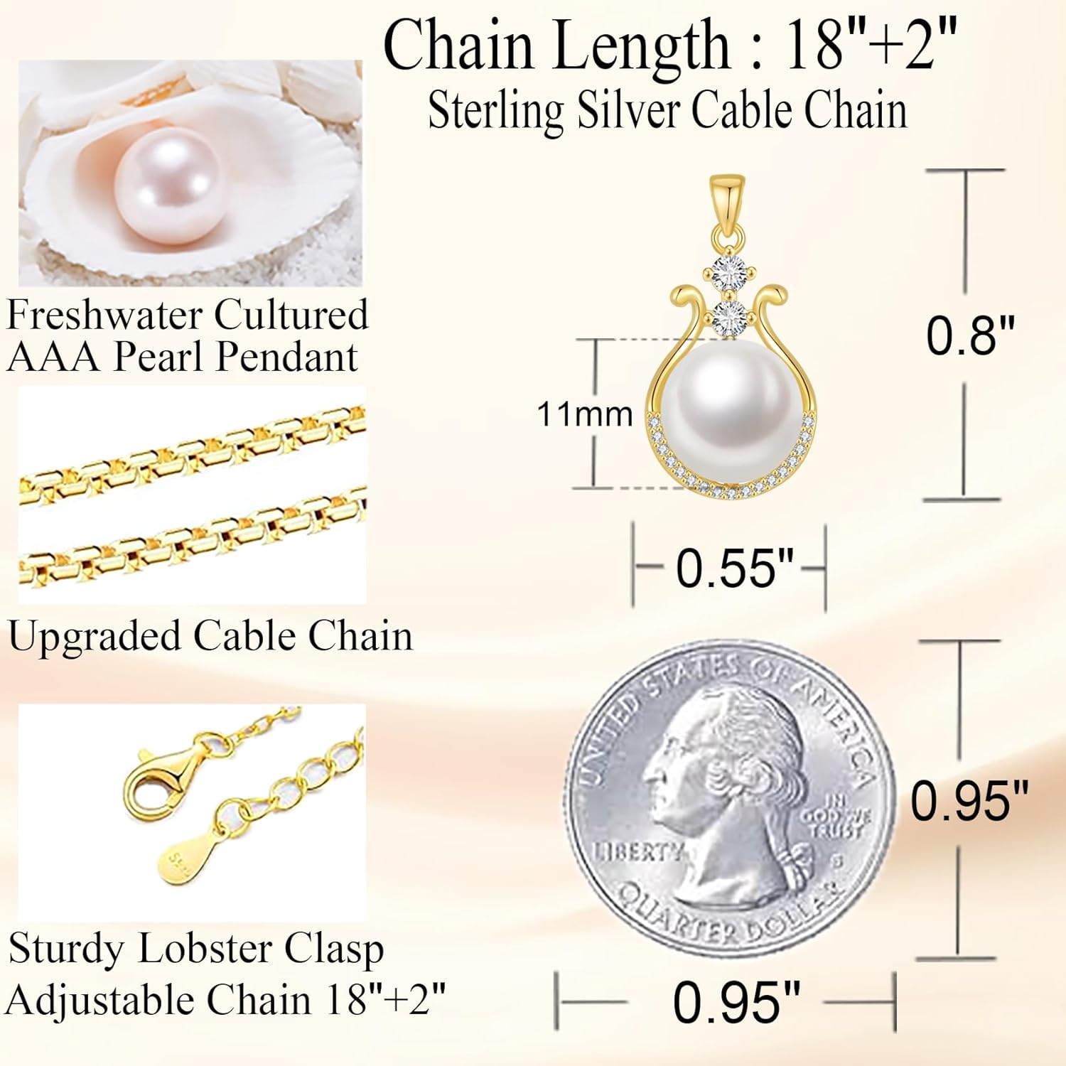 Pearl Necklace for Women, 11-11.5mm Single Freshwater Cultured Pearl Pendant, 18K Gold Plated 925 Sterling Silver Jewelry, Genuine Premium AAA Top Grade Real Pearl, Anniversary Christmas Birthday Gifts for Women Mom Wife