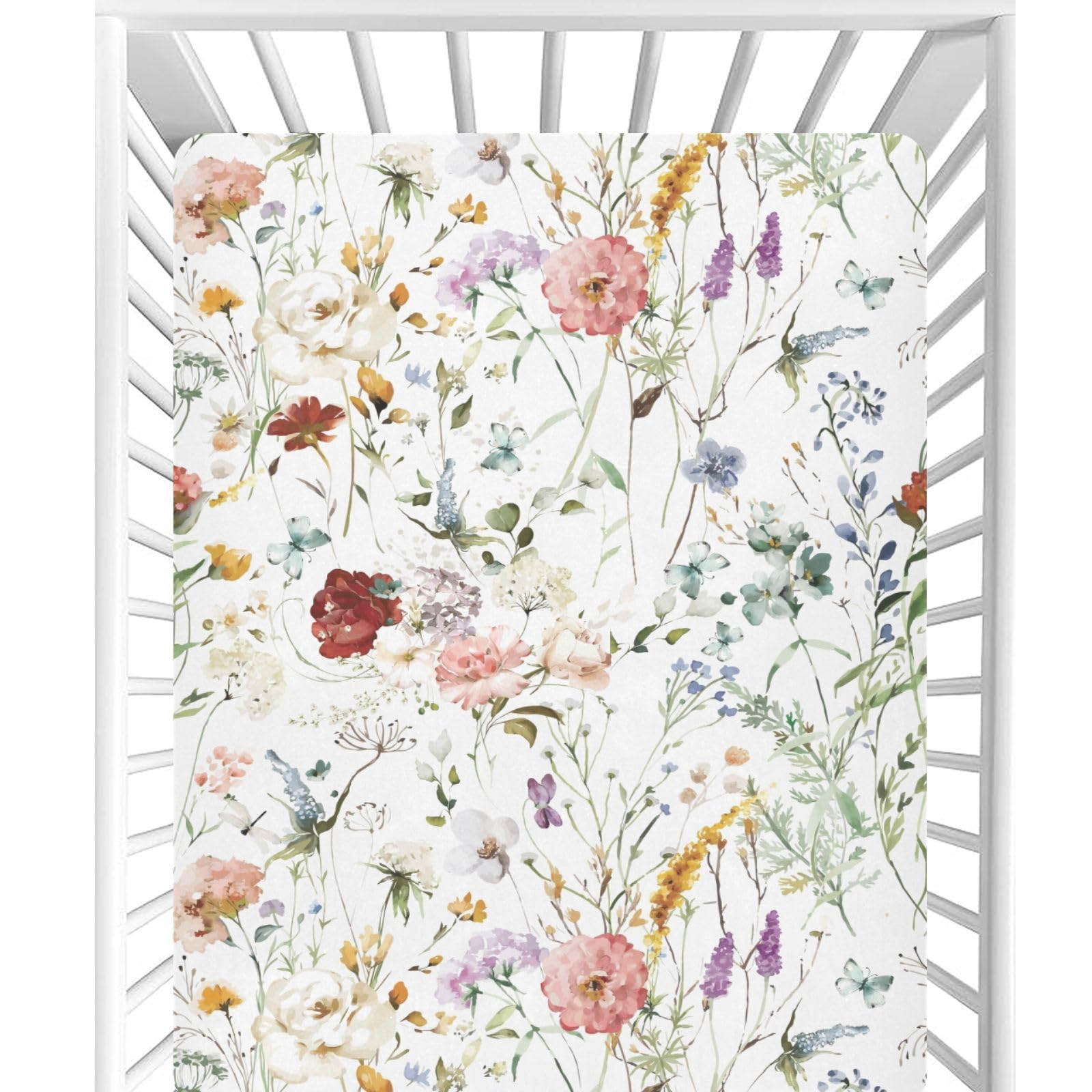 CaTaKu Crib Sheets for Girls &amp; Boys - Wildflower Boho Baby Sheets, Neutral Toddler Mini Crib Mattress Sheets Fitted for Nursery Bed, 27"x 39"