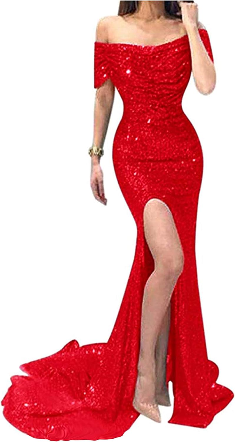 Women's Off The Shoulder Sequin Mermaid Prom Dresses Long Split Evening Bridesmaid Dress