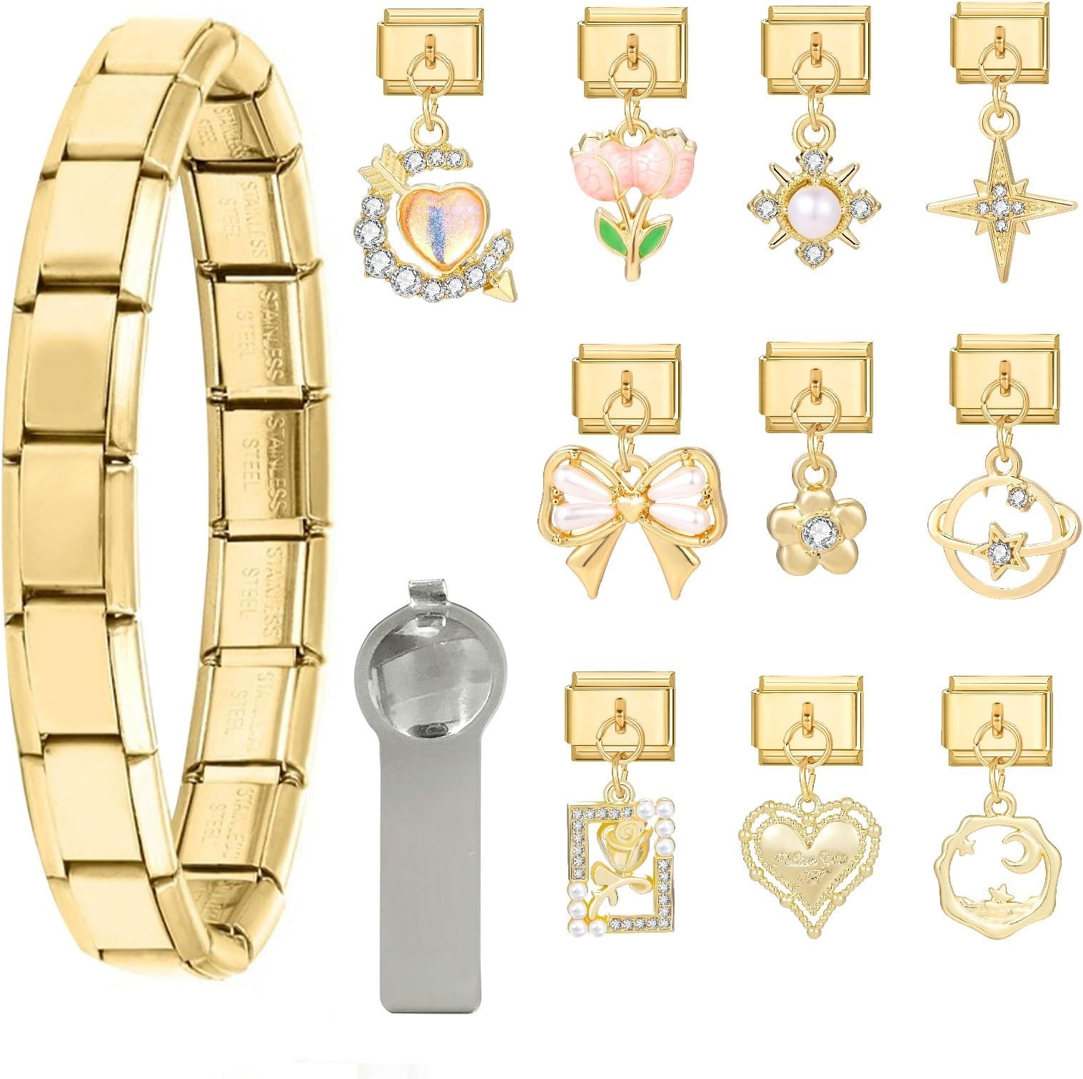 Italian Charm Bracelet Gold Set with Starter Brascelet, Assorted Charms and Opening Tools, 9mm Modular Italian Charm Bracelet Links Handmade DIY Jewelry Gifts Diamond Pendant