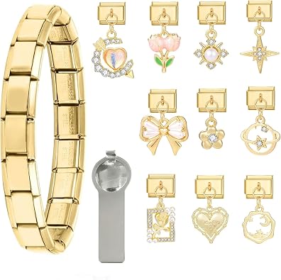 papasgix Italian Charm Bracelet Gold Set with Starter Brascelet, Assorted Charms and Opening Tools, 9mm Modular Italian Charm Bracelet Links Handmade DIY Jewelry Gifts Diamond Pendant
