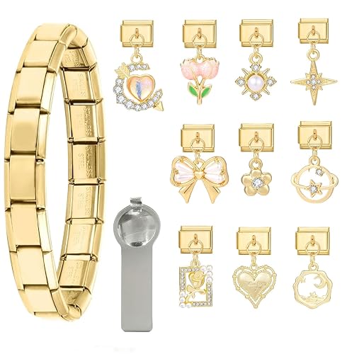 papasgix Italian Charm Bracelet Gold Silver Set with Starter Brascelet, Assorted Charms and Opening Tools, 9mm Modular Italian Charm Bracelet Links Handmade DIY Jewelry Gifts Pendant (Gold Pink)