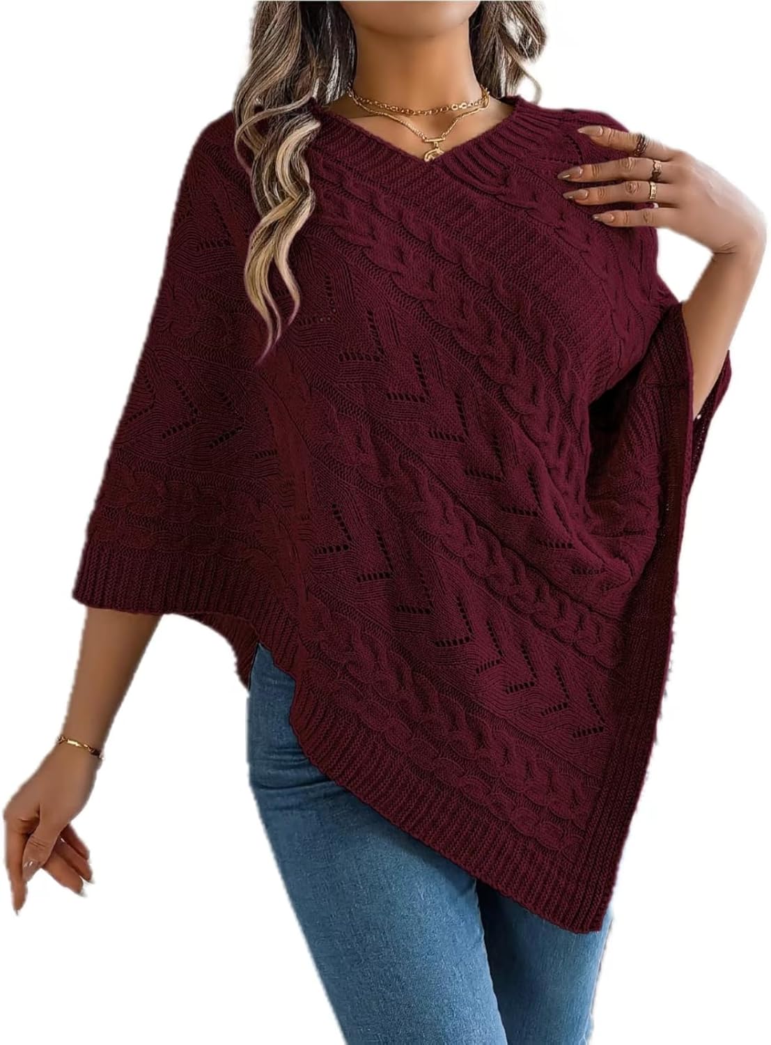 Womens Knitted Sweater Cape Shawls Casual V-Neck Wrap Pullover Tops 3/4 Sleeve Asymmetric Hem Poncho Sweater