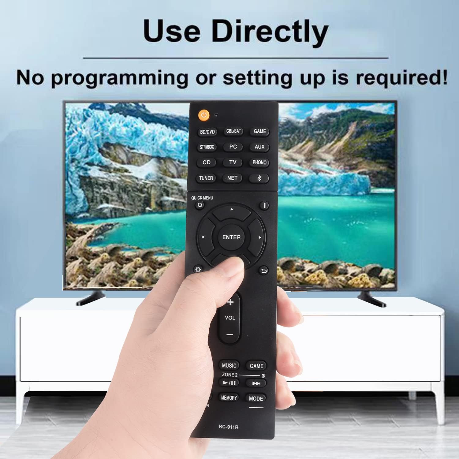 Hand holding the RC-911R remote control pointed towards a television screen.