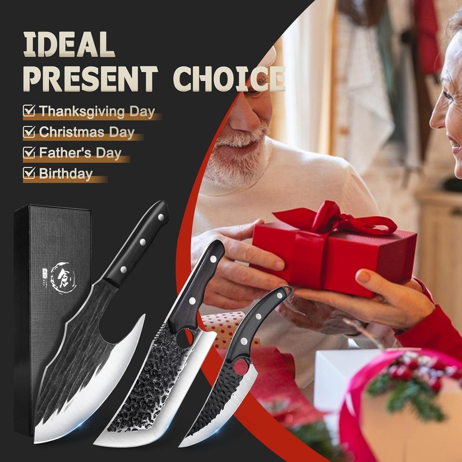 TIJERAS Butcher Knife Set For Meat Cutting, 3PCS Hand Forged Camping Knife Set With Ergonomic Handle, High Carbon Steel Meat Bone Cleaver for Kitchen Camping BBQ, Birthday Gifts for Men Women