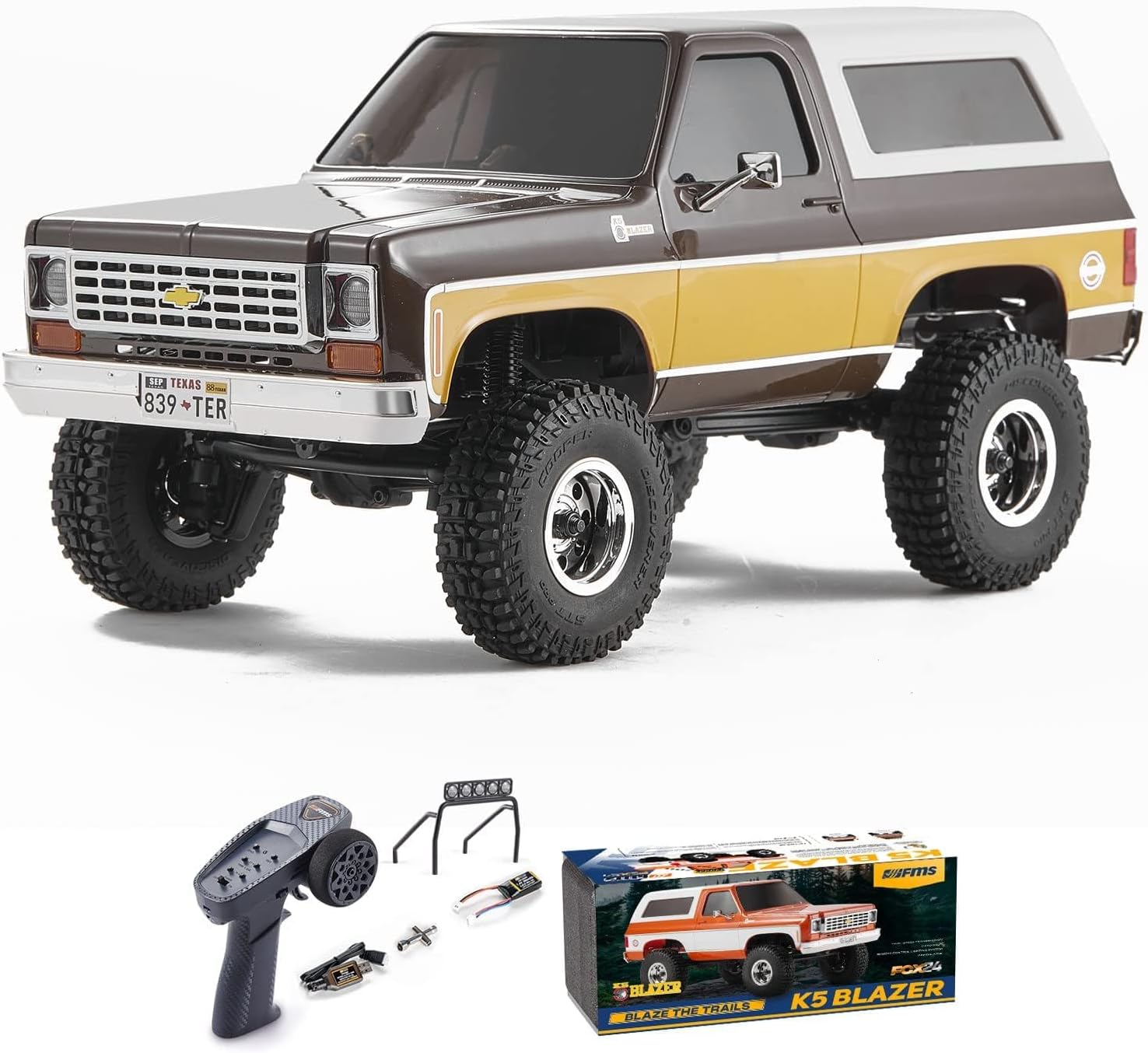 FCX24 FMS 1/24 K5 Chevy Blazer RC Crawler Officially Licensed, Mini RC Car Pick Up Truck & SUV 2 in 1, 4WD 8km/h 2 Speeds Switch, Off-Road RC Model with LED Lights for Adults (Brown)