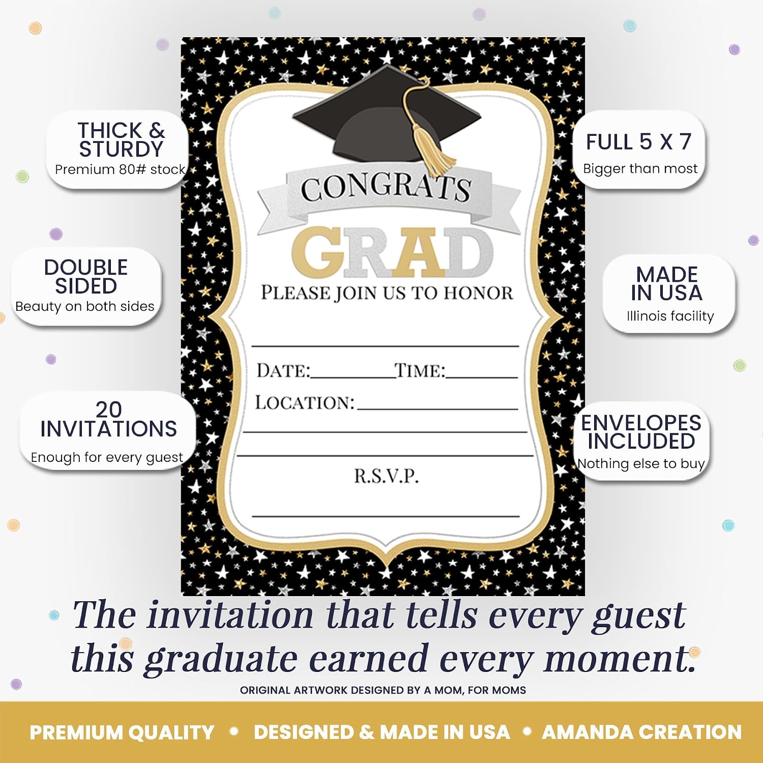 Amanda Creation Classic Star Black, Gold and Silver Graduation Invitation – 20 5x7 Grad Party Invitation With Envelopes
