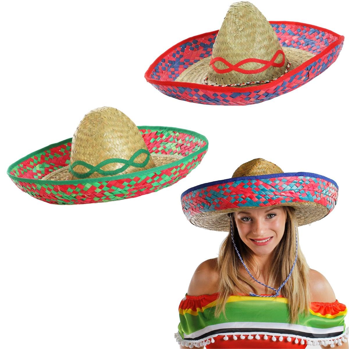 Adults Straw Sombrero Hats with Two-Tone Decorative Trimming - Mexican Summer Fancy Dress Party Hen Stag - 3 Mixed Hats (Red, Blue and Pink)