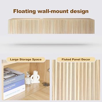 ZYBT Floating TV Stand, Modern Wall Mount Entertainment Center TV Shelf, 70.7 Media Console Under TV Storage Cabinet with Fluted Doors, TV Consoles for Living Room, Floating Cabinet for Wall (Oak)