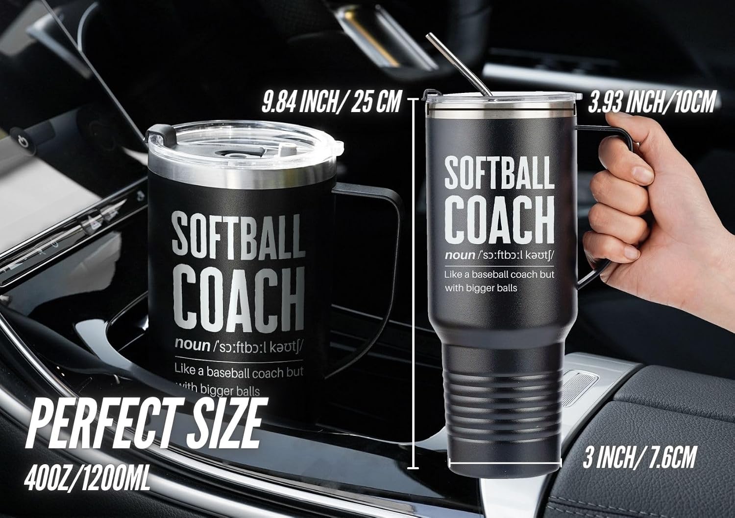 Onebttl Softball Gifts Tumbler for Coach, Softball Coach Gifts for Men, 40oz Stainless Steel Cup with Lid and Straw, Black