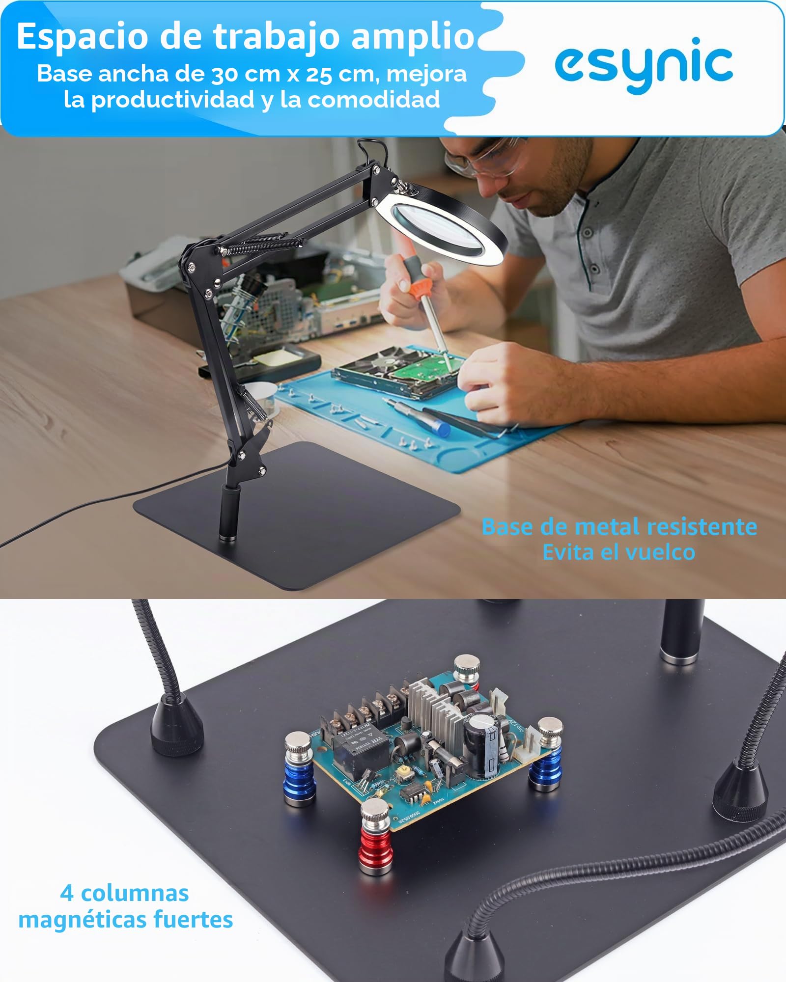 eSynic Lupa de Escritorio 8X con 72 Luces LED 2 en 1 Lámpara de Aumento con 10 Brillos Ajustables y 3 Colores, Rotación de 360°con 4 Fuertes Columnas Magnéticas y 4 Pinzas para Manualidades