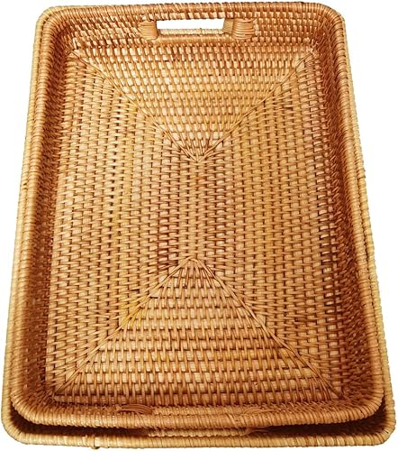 Miniatura 10 de i-lan Paquete de 2 bandejas de mimbre natural profundo de gran tamaño con asas y pared de 2.3 pulgadas, bandeja rectangular de oficina de ratán de