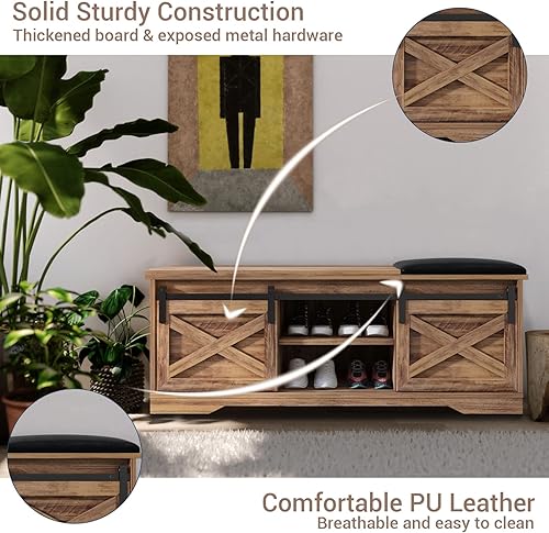 Miniatura 4 de SAINTCY Banco de zapatos con almacenamiento, moderno armario blanco con puerta corrediza de granero, banco interior de almacenamiento con 3 estantes