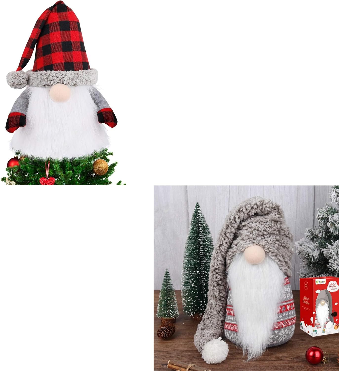 D-FantiX Plaid Hat Gnome Christmas Tree Topper & 13 Inch Large Christmas Gnome Plush with Long Hat