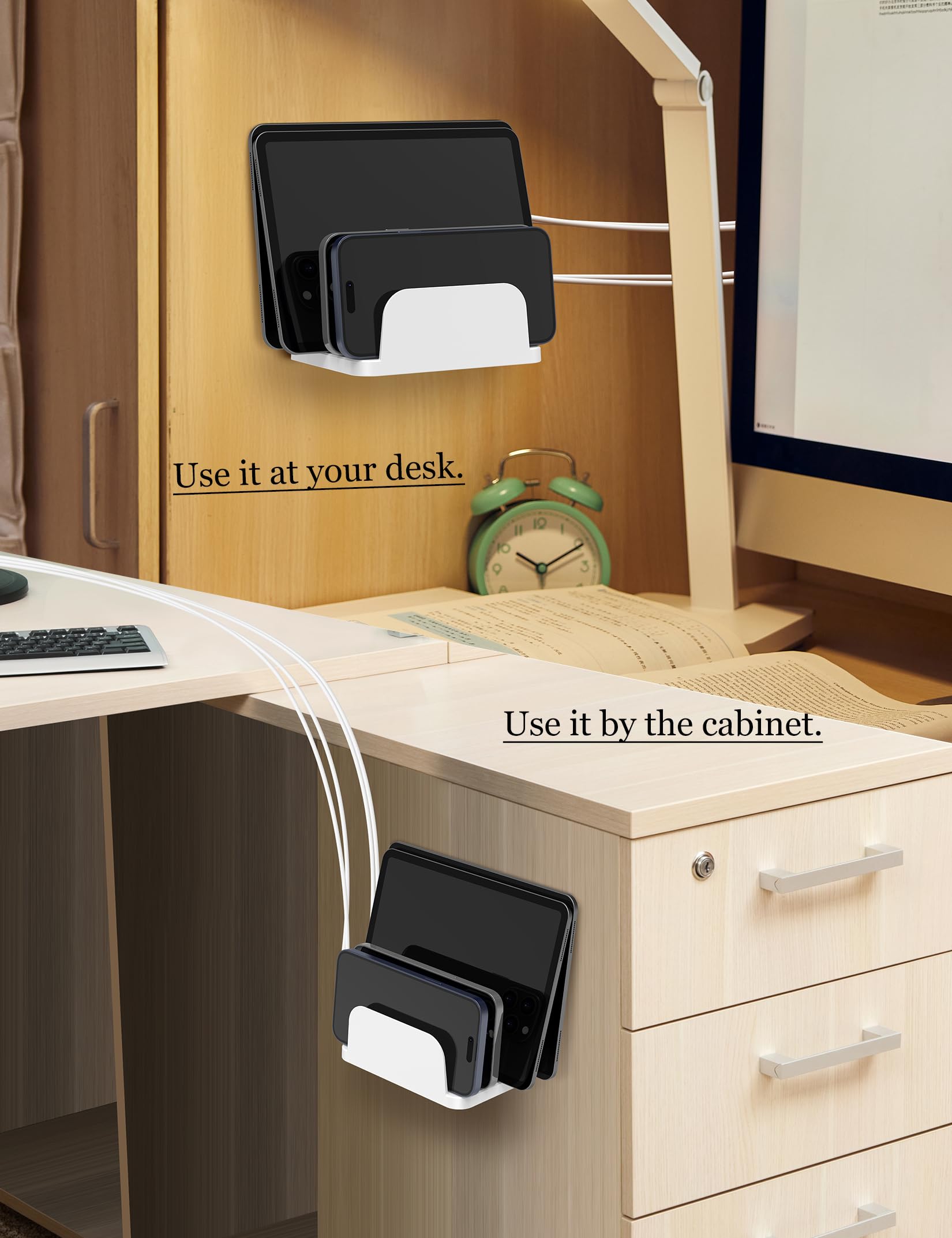 Soporte de pared para teléfonos inteligentes y tabletas, estante para teléfono con estación de acoplamiento de 4 ranuras para tablet, iPad, organizador de carga de pared Kindle (blanco)