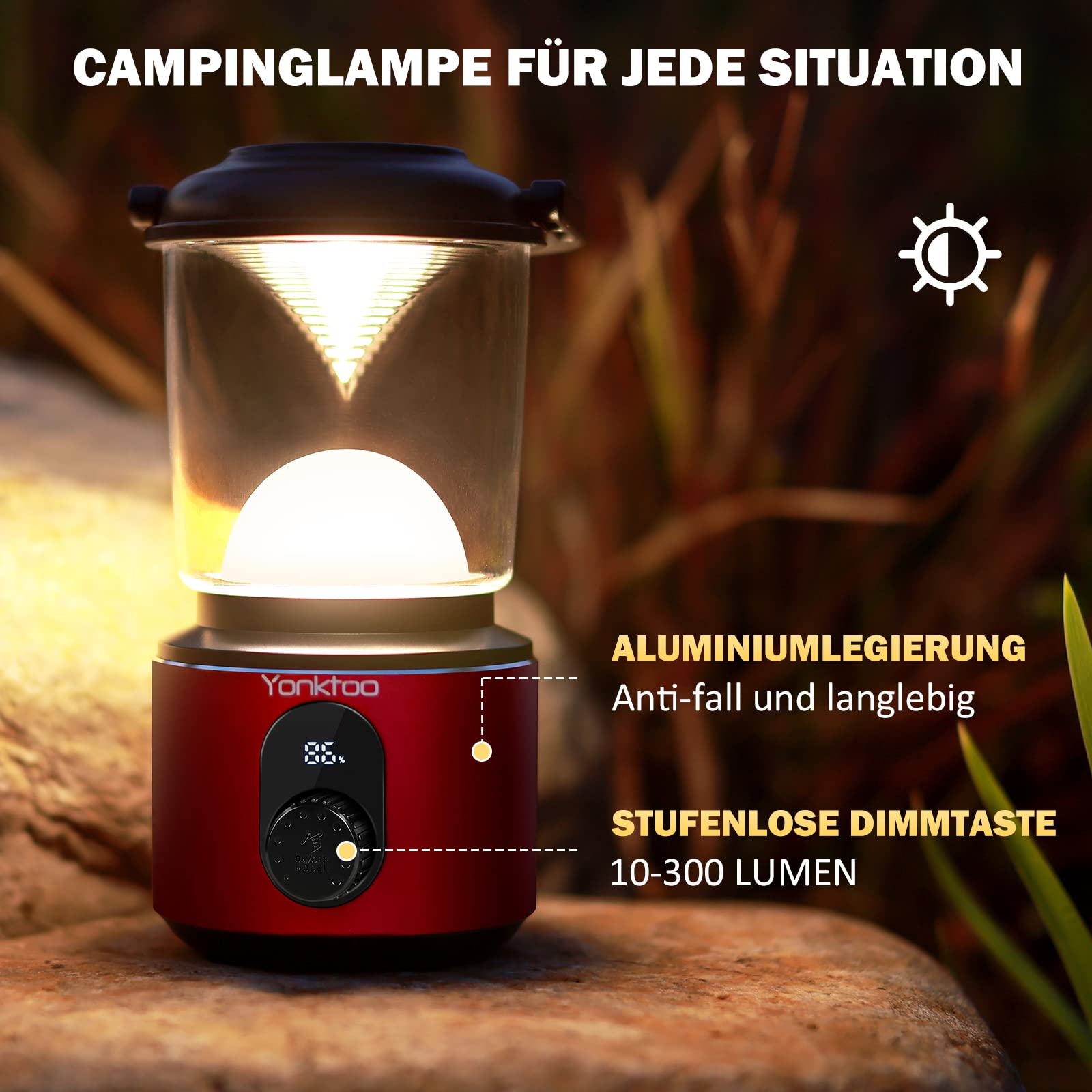 Yonktoo Oświetlenie kempingowe, 10400 mAh, latarnia kempingowa, USB-C z ekranem LED, lampa kempingowa działa 350 godzin, 5 trybów świecenia, wodoodporne światła namiotowe do wędkowania, wędrówek