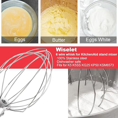 Miniatura 3 de K5A Batidor de acero inoxidable para mezclador KitchenAid de 5 cuartos de galón, apto para K5, K5SS, KG25, KP50, KSM6573, KSM450500, batidor de